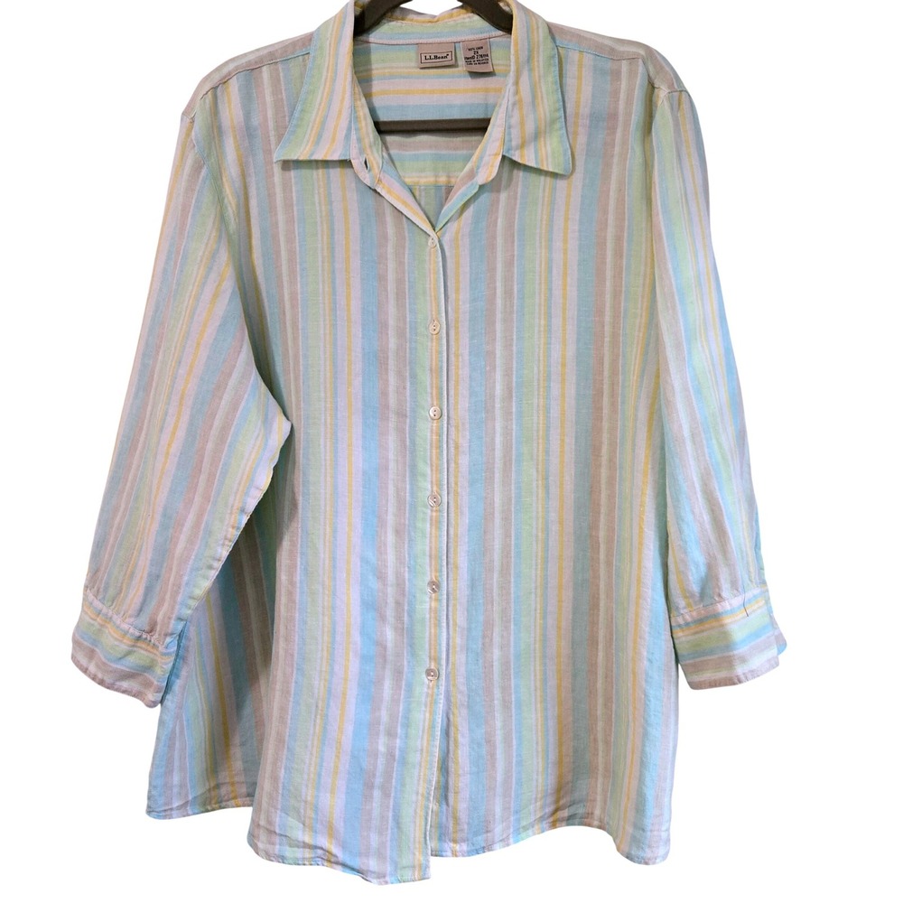 LL Bean Classic Womens 2X Linen Shirt Pastel Striped 3/4 Sleeve Button Down
